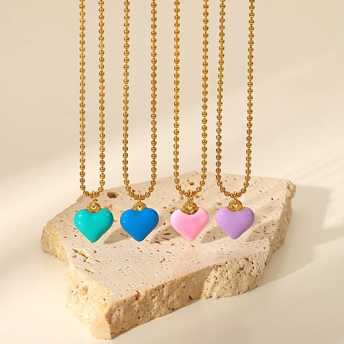 Fashion Stainless Steel Colorful Enamel Heart Pendant Bead Chain Necklace Jewelry