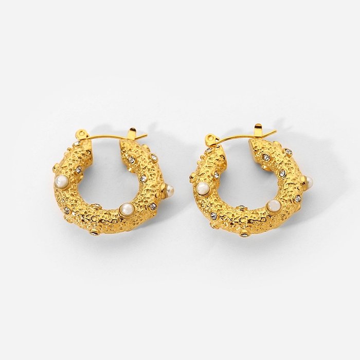 Fashion pearl hoop earrings 18k gold stainless steel jewelry hammer cubic zirconia earrings