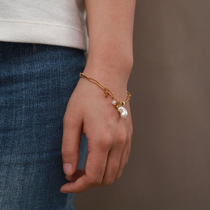 Mode 18 Karat vergoldet Stern Perle Quaste Anhänger Kreuzkette Edelstahl Armband Frauen