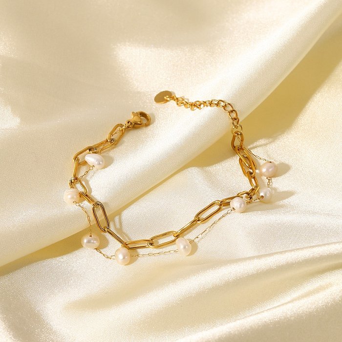 Fashion Simple Pearl Cross Chain DoubleLayer Geometric Stainless Steel Bracelet