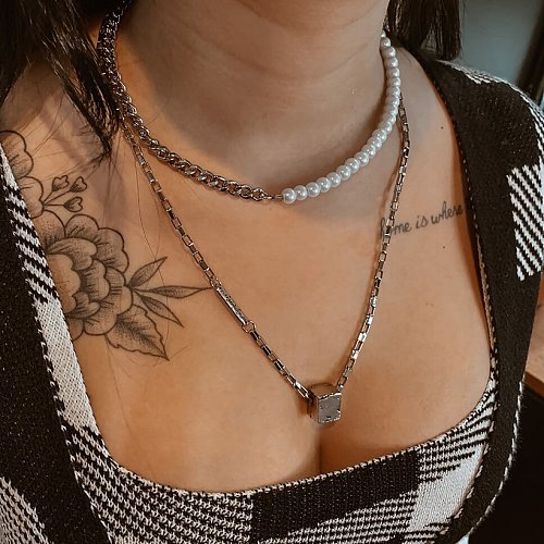 Fashion Stainless Steel Geometric Pattern Necklace Daily Electroplating Artificial Pearl Stainless Steel Necklaces