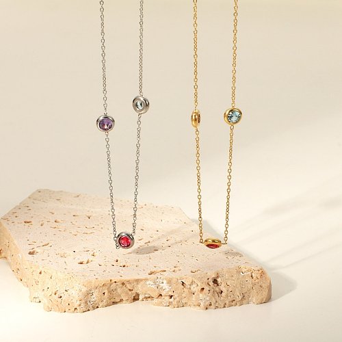 new stainless steel color fine chain seven colored round zirconium geometric necklace