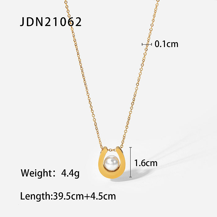 New 18K Gold Plated Stainless Steel U Shape Pearl Pendant Necklace