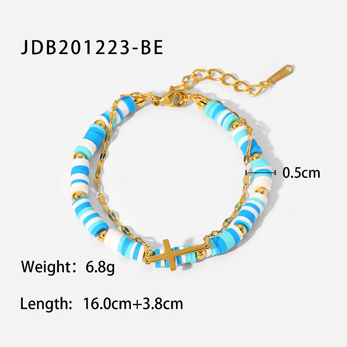 Bracelet en acier inoxydable croix bleue et blanche en argile polymère or 18 carats simple à la mode