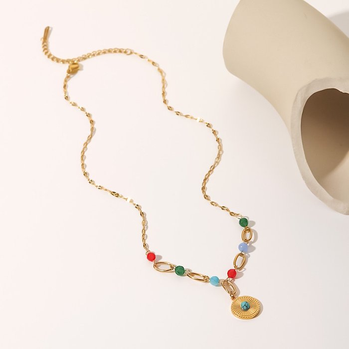 Collier pendentif rond en acier inoxydable à la mode colliers en acier inoxydable turquoise incrustés d'or