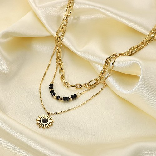 fashion contrast color black rice bead sunflower pendant threelayer necklace