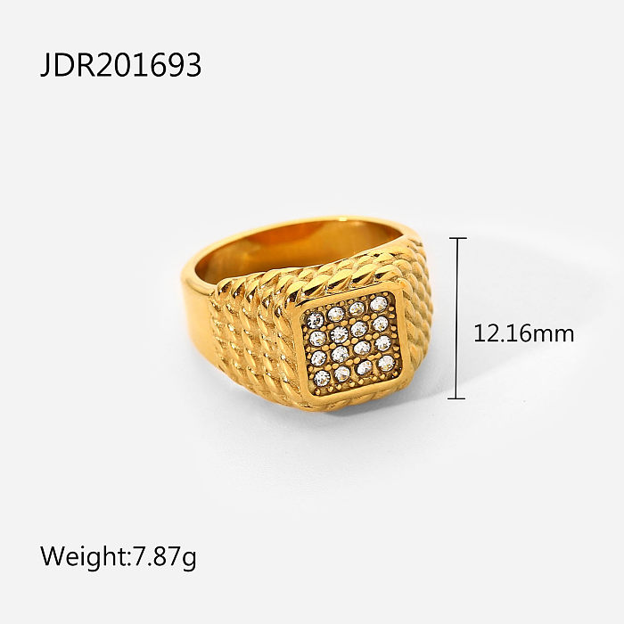 Retro Stainless Steel 18K Gold Plated Square Wide Multilayer Zircon Twist Ring