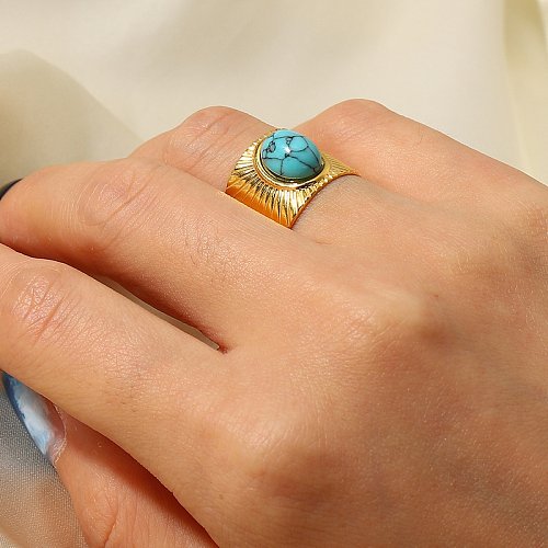 Fashion Stripe Stainless Steel Open Ring Plating Turquoise Stainless Steel Rings