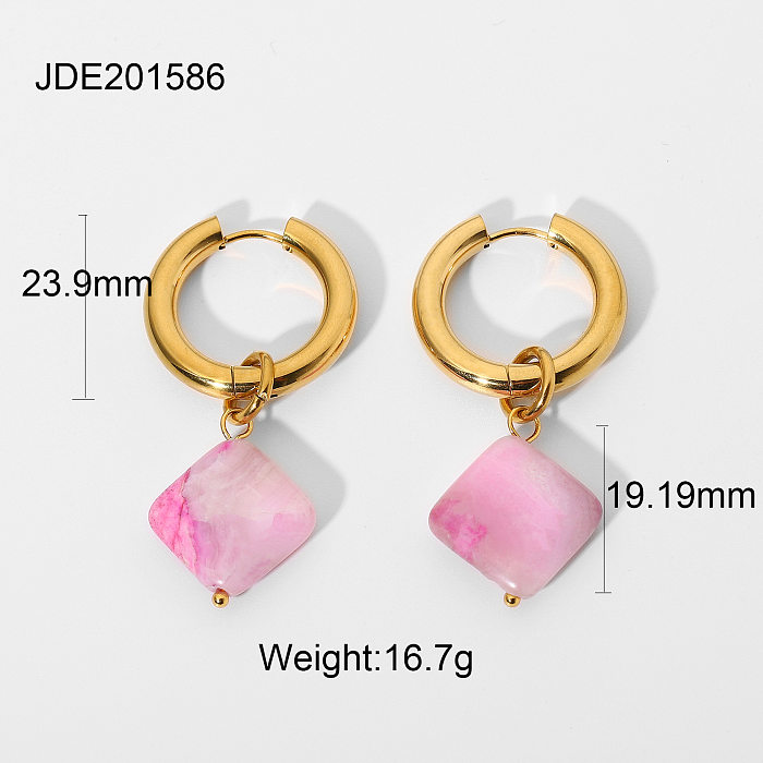 wholesale diamondshaped pink natural stone pendant stainless steel earrings jewelry