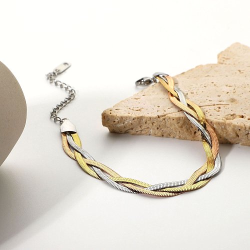 fashion simple stainless steel plated 18k gold threestrand snake chain winding bracelet