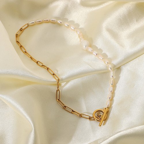 Simple 18K OT Buckle Natural Pearl Stainless Steel Necklace Wholesale jewelry