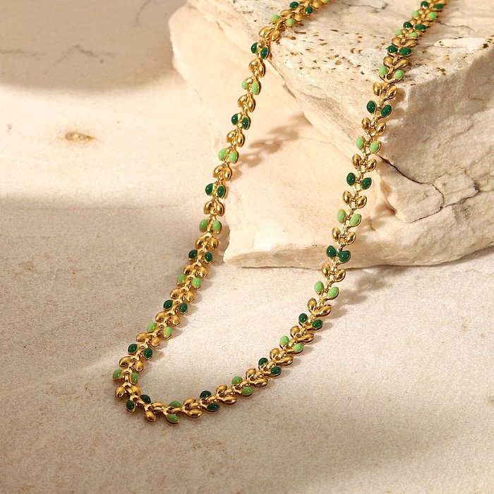 Colar feminino de aço inoxidável moda ouro 18k gota verde folha de oliveira