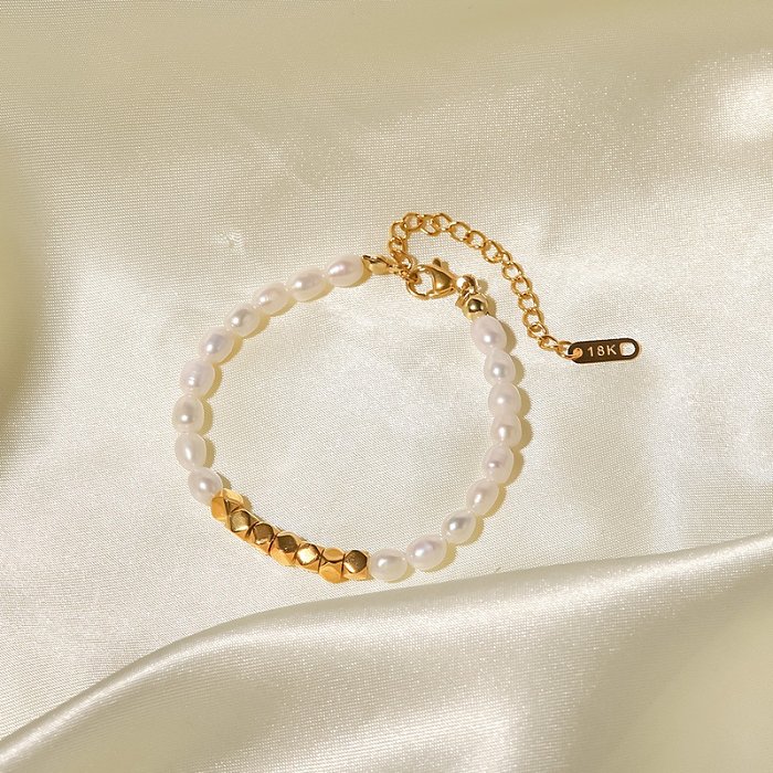 Elegant Geometric Stainless Steel Bracelets Gold Plated Pearl Stainless Steel Bracelets