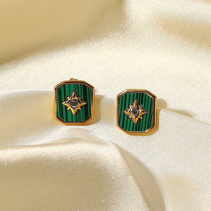 fashion retro eightpointed star embedded green malachite 18K gold stainless steel earrings