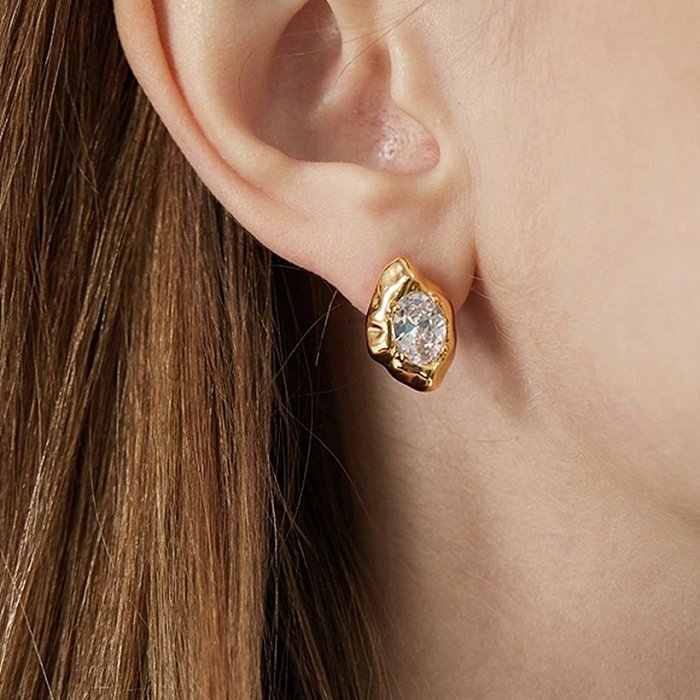 Fashion 14K goldplated stainless steel hammer pattern inlaid zircon earrings