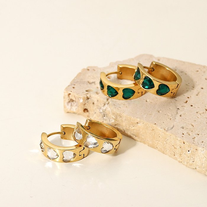 Pendientes de acero inoxidable con incrustaciones de circón de corazón blanco verde oro de 14 quilates de moda