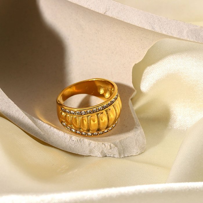 Padrão de pão de zircônio embutido de camada dupla face larga em forma de c anel chapeamento de ouro 18k anel de aço inoxidável