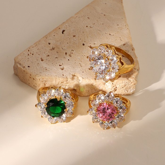 Jóias clássicas de aço inoxidável zircão anel de flor de sol jóias