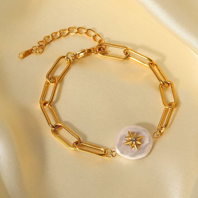 fashion 18K goldplated stainless steel eightpointed star inlaid pearl bracelet