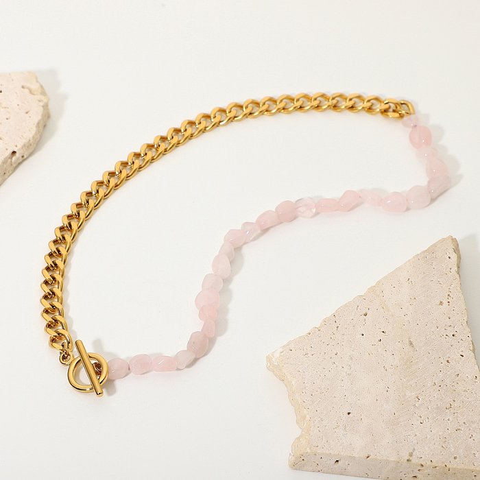 الجملة والمجوهرات الوردي الحجر الطبيعي مطرز سلسلة الربط الفولاذ المقاوم للصدأ قلادة المجوهرات