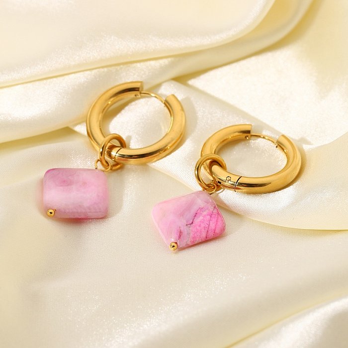 wholesale diamondshaped pink natural stone pendant stainless steel earrings jewelry