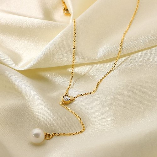 collar de acero inoxidable collar con colgante de perla de circón en forma de Y chapado en oro de 18 quilates