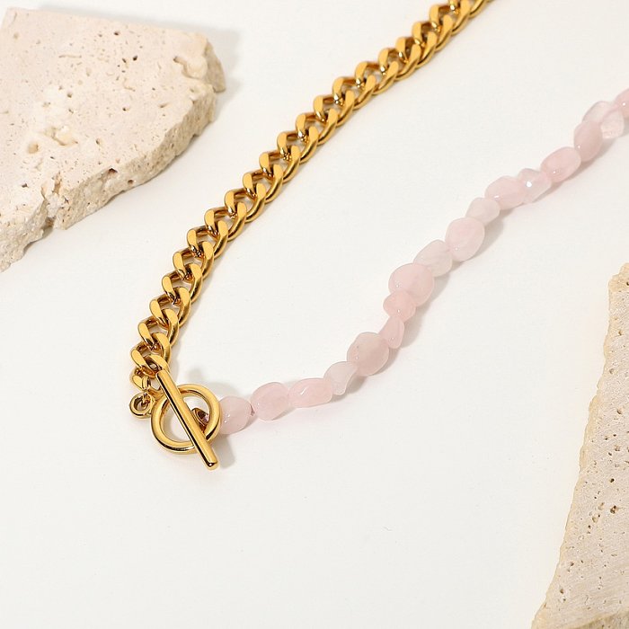 Bijoux en gros rose pierre naturelle épissage perlé chaîne en acier inoxydable collier bijoux