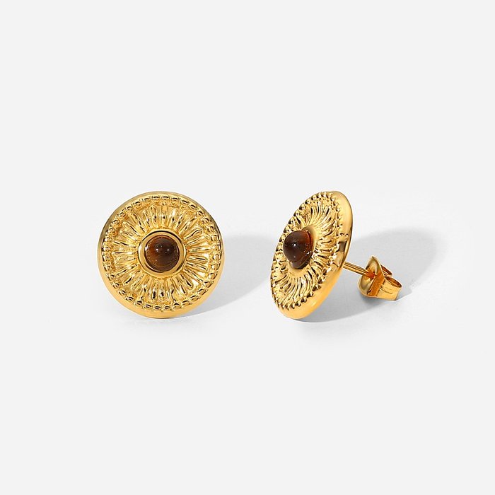 Boucles d'oreilles en acier inoxydable en or 18 carats avec bouton rond incrusté d'opale rétro nouvelle mode