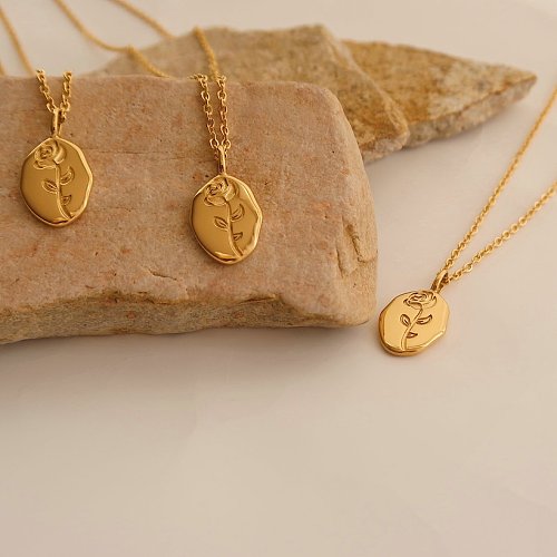 Fashion Rose Flower Oval Pendant 18K Gold Titanium Steel Necklace