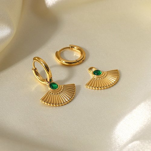 French New Retro Round Green Zircon FanShaped Eardrops Earrings 14K Gold Stainless Steel Ear Ring Women S Earrings