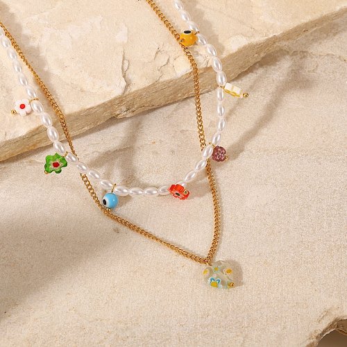 New style 18K Gold plated Stainless Steel Colored Glaze Flower Pearl DoubleLayer Pendant Necklace