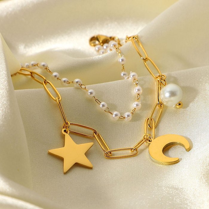 Bracelet Double Couche Pendentif Étoile Lune Perle Acier Inoxydable Plaqué Or 18K