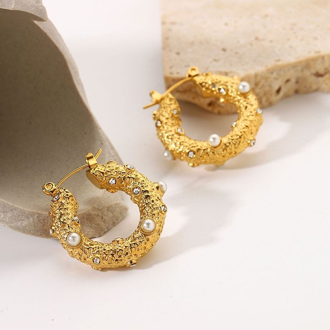 Brincos de argola de pérola da moda ouro 18k jóias martelo de aço inoxidável brincos de zircônia cúbica