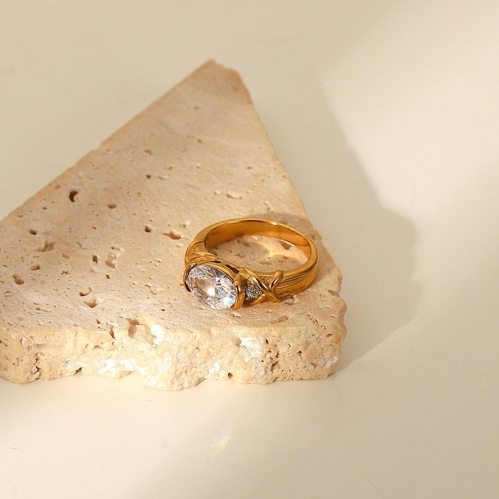 Jóias de casamento fashion 18k banhado a ouro aço inoxidável grande anel de zircão oval