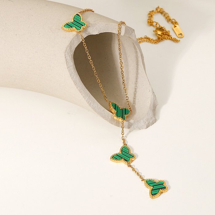 collier vintage en forme de Y avec pendentif papillon en acier inoxydable plaqué or 18 carats
