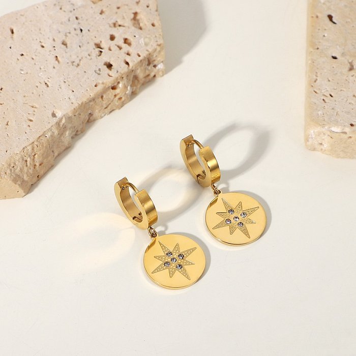 Pendientes retro de acero inoxidable con colgante de circón de marca redonda de estrella de ocho puntas de oro de 14 quilates