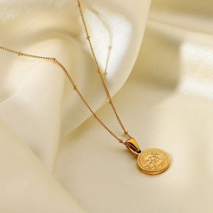 Vintage Stainless Steel Jewelry 18K Gold Bead Chain Hyperbolic Queen Elizabeth Disc Coin Pendant Necklace
