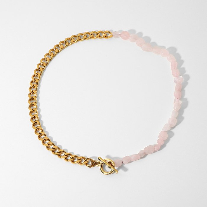 Bijoux en gros rose pierre naturelle épissage perlé chaîne en acier inoxydable collier bijoux