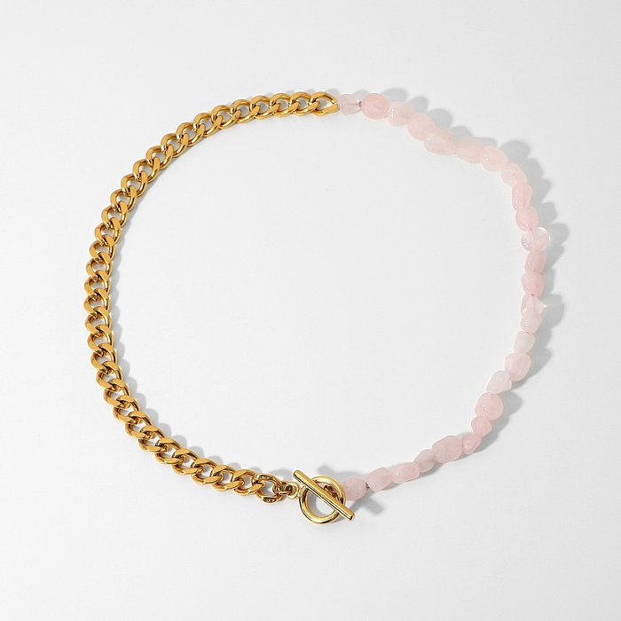 Atacado joalheria rosa pedra natural frisada corrente de emenda de aço inoxidável colar joias