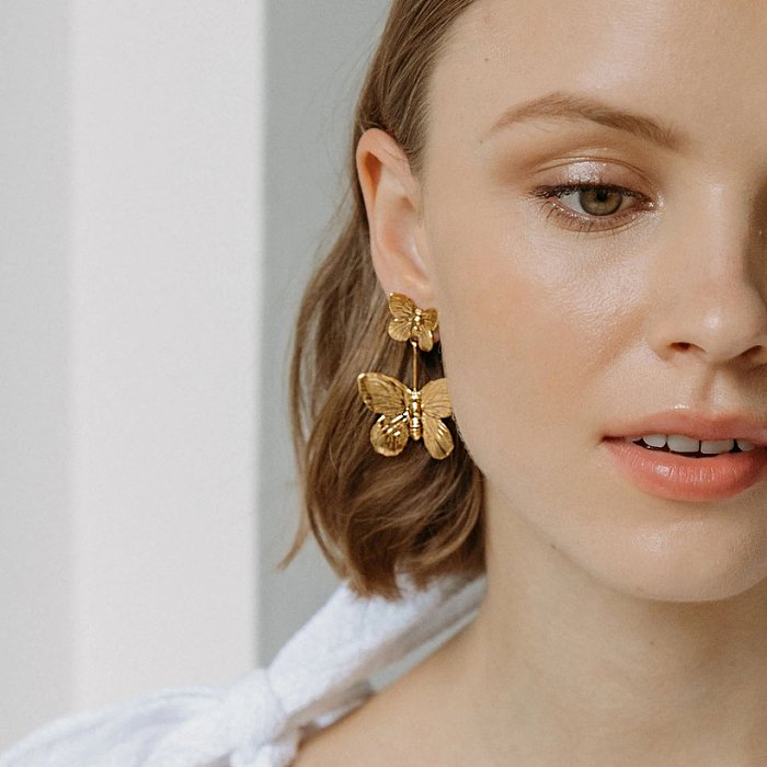 Fashion Butterfly Pendant Womens 18K Gold Stainless Steel Earrings