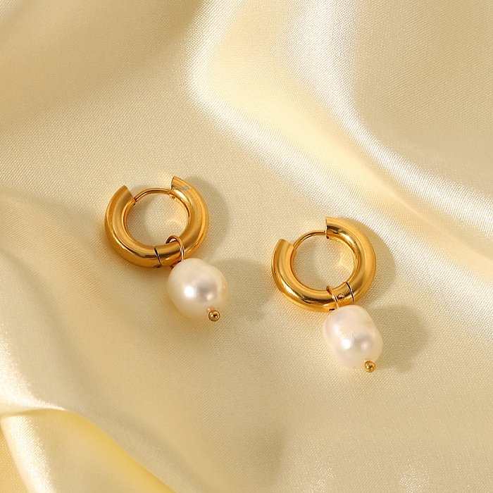 Pendientes de patrón geométrico de acero inoxidable a la moda, pendientes de acero inoxidable con perlas artificiales galvanizadas