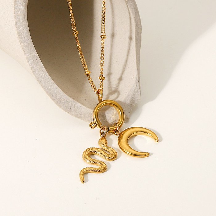 18K Gold Moon Snake Pendant Retro Stainless Steel Pendant Necklace