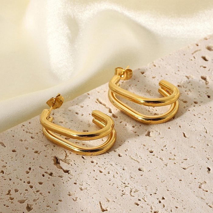 brincos de argola em forma de C duplo de aço inoxidável banhado a ouro