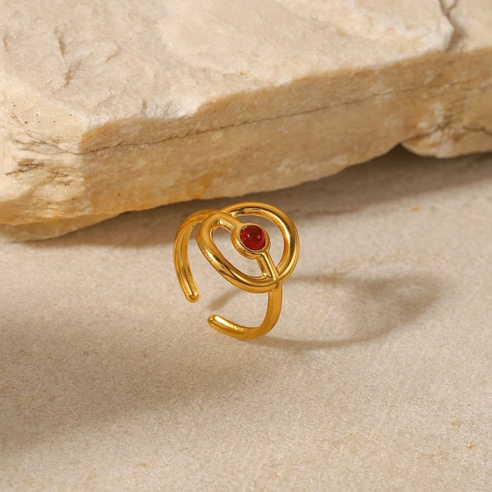 Anel de aço inoxidável moda redonda vermelha pedra semipreciosa boêmia dedo aberto