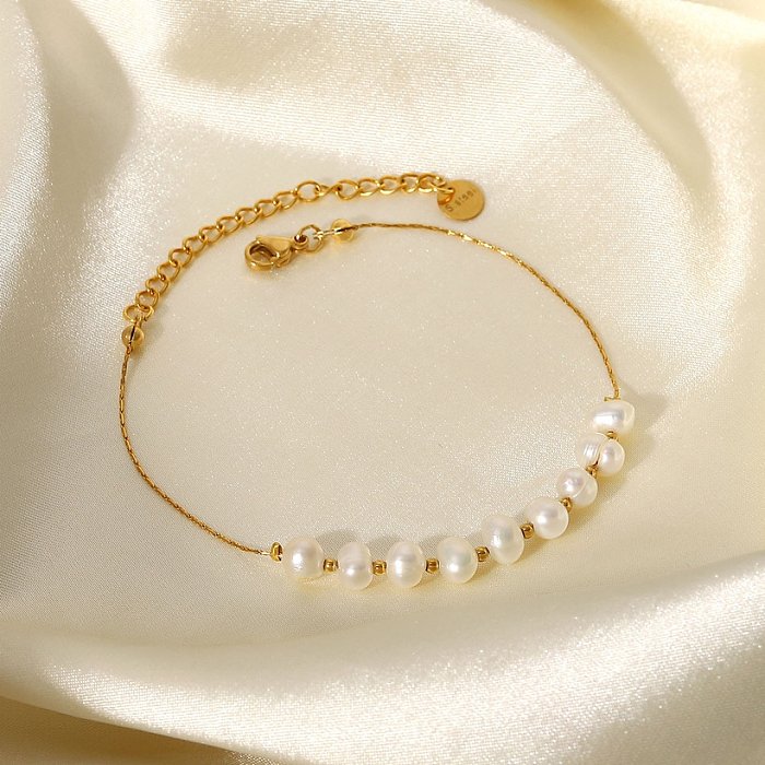 Simple Geometric Pearl Stainless Steel Jewelry Gold Chain Bracelet
