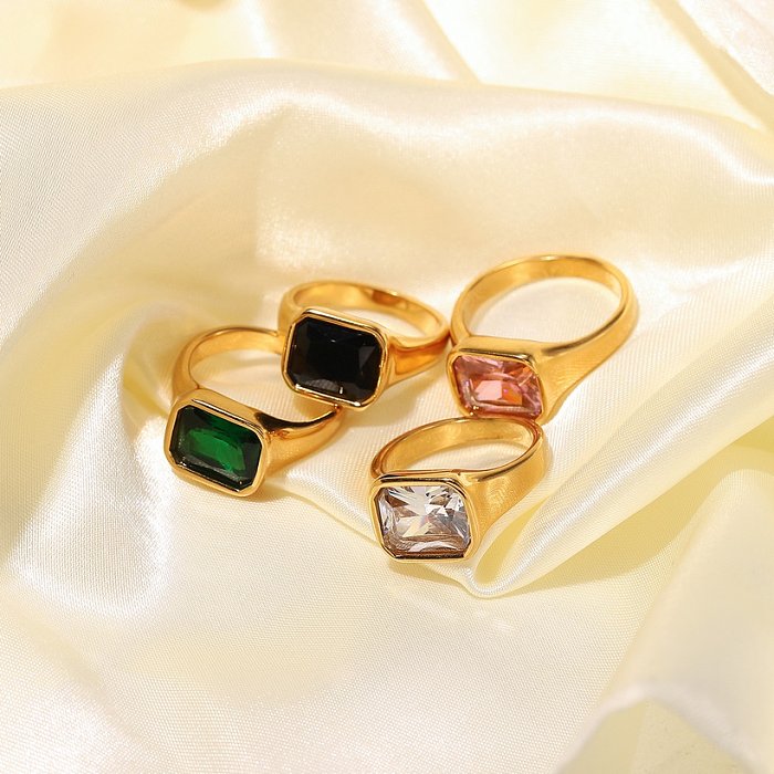anel de zircão quadrado banhado a ouro 18k retrô quadrado de aço inoxidável rosa verde zircão brilhante