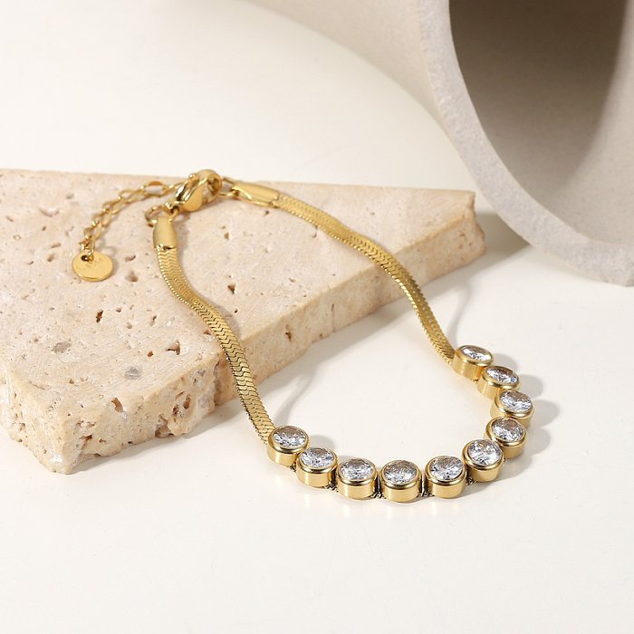 fashion retro 14K goldplated stainless steel inlaid round zircon flat snake chain bracelet