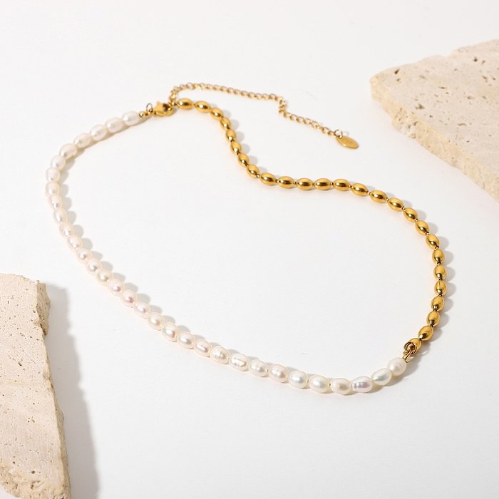 Perle d'eau semi-douce européenne et américaine semi18K boule de perles en plaqué or simple bijoux en acier inoxydable collier court bijoux de mode