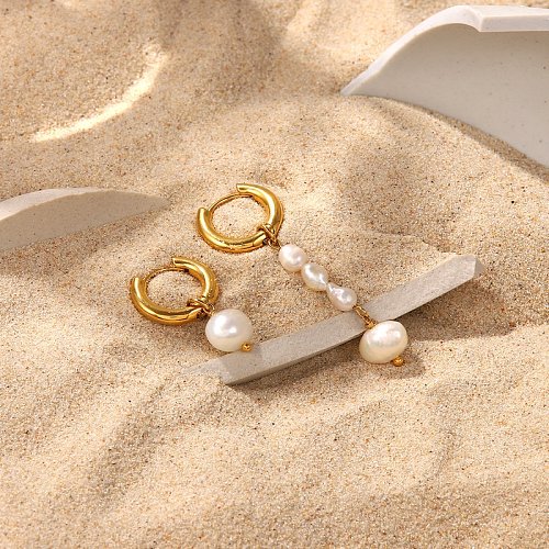 Fashion asymmetric pearl tassel 18K gold stainless steel earrings