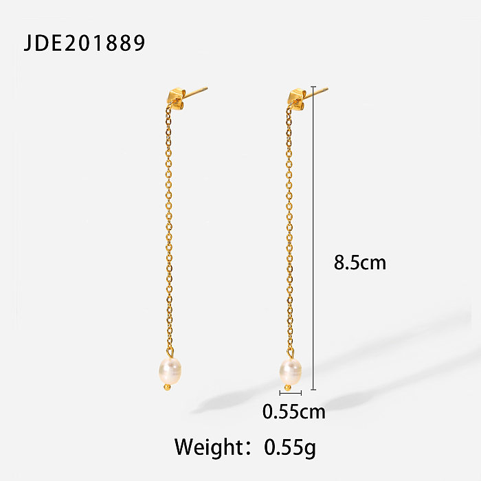 Pendientes largos de acero inoxidable de oro de 18 quilates con colgante de perlas de moda